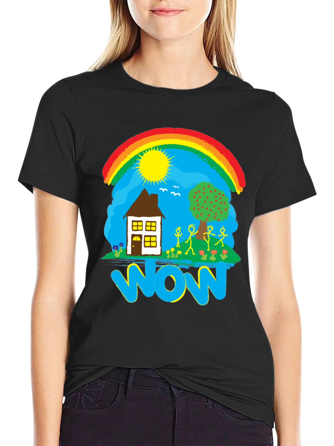 Whimsical WOW T-Shirt - Rainbow House and Stick Figures