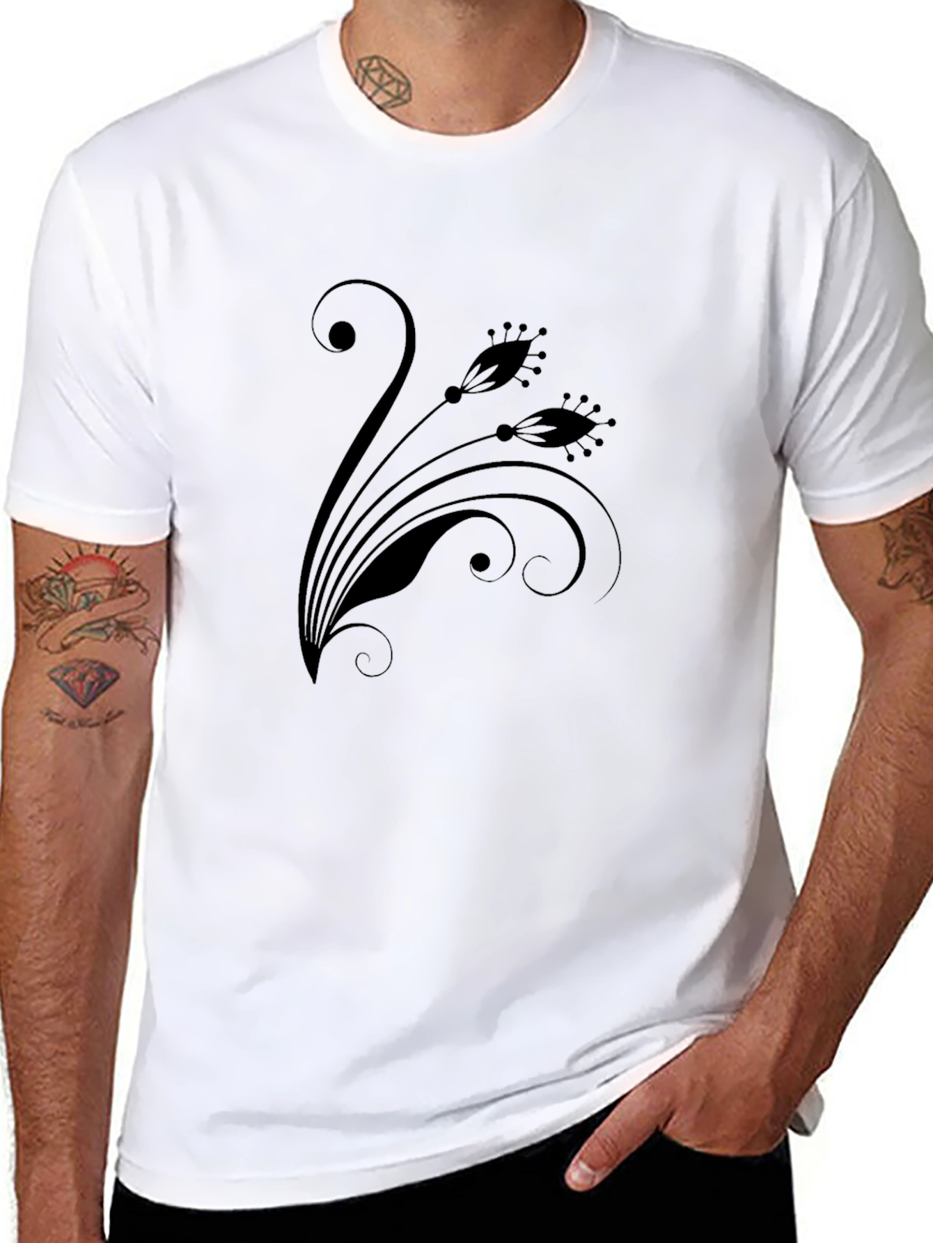 Elegant Black Floral Print Crew Neck T-Shirt