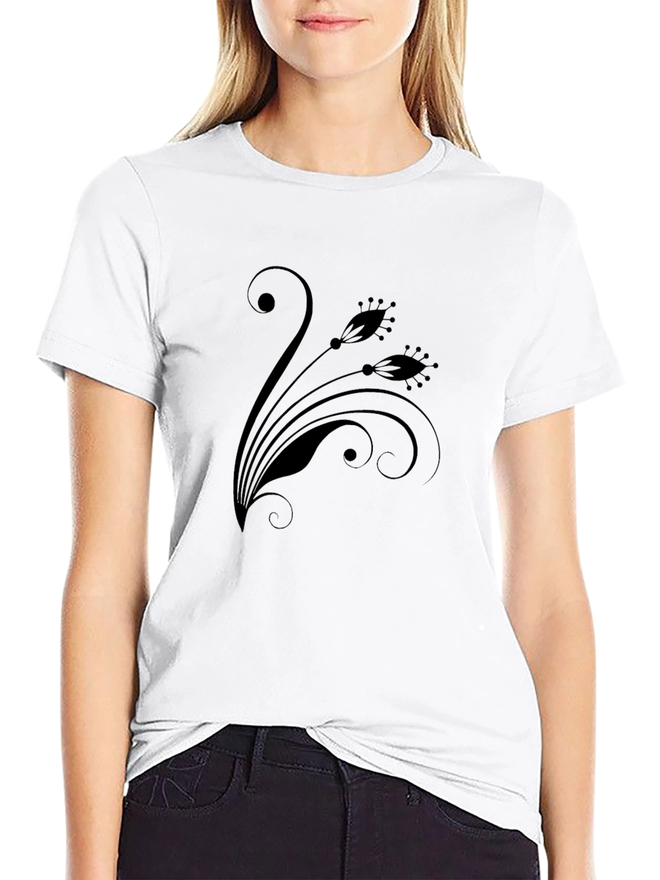 Elegant Black Floral Print Crew Neck T-Shirt