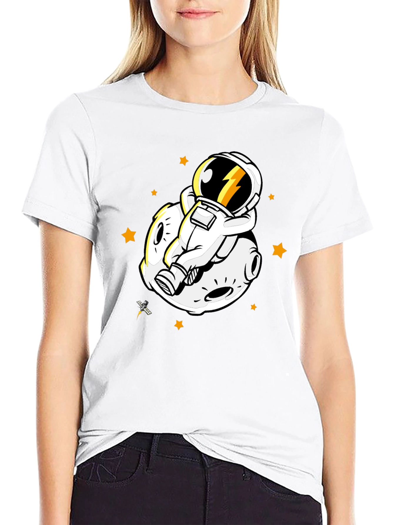 Astronaut on Moon Graphic Tee - Black Cotton Blend