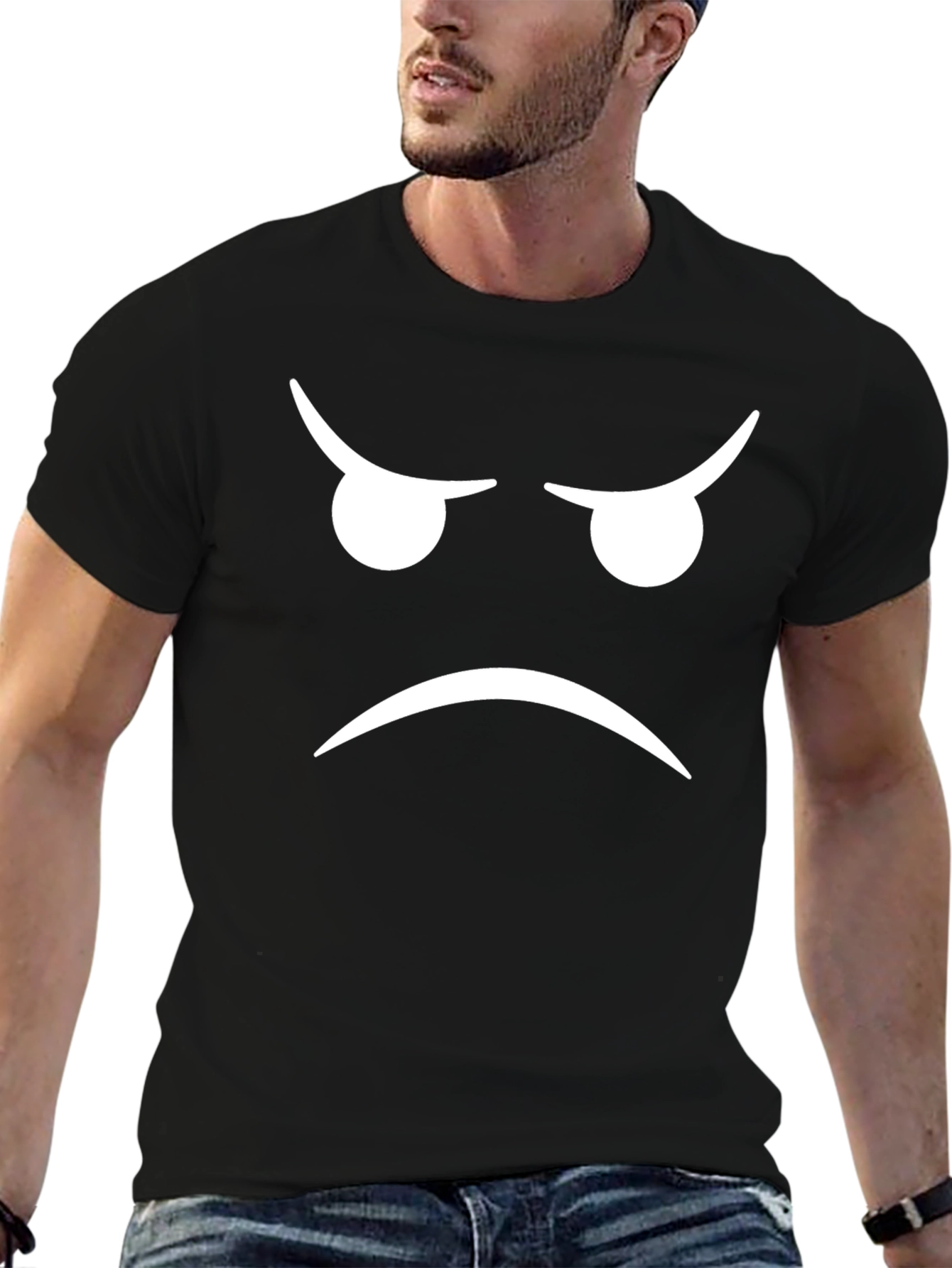 Grumpy Face Graphic Tee - Black Cotton T-Shirt