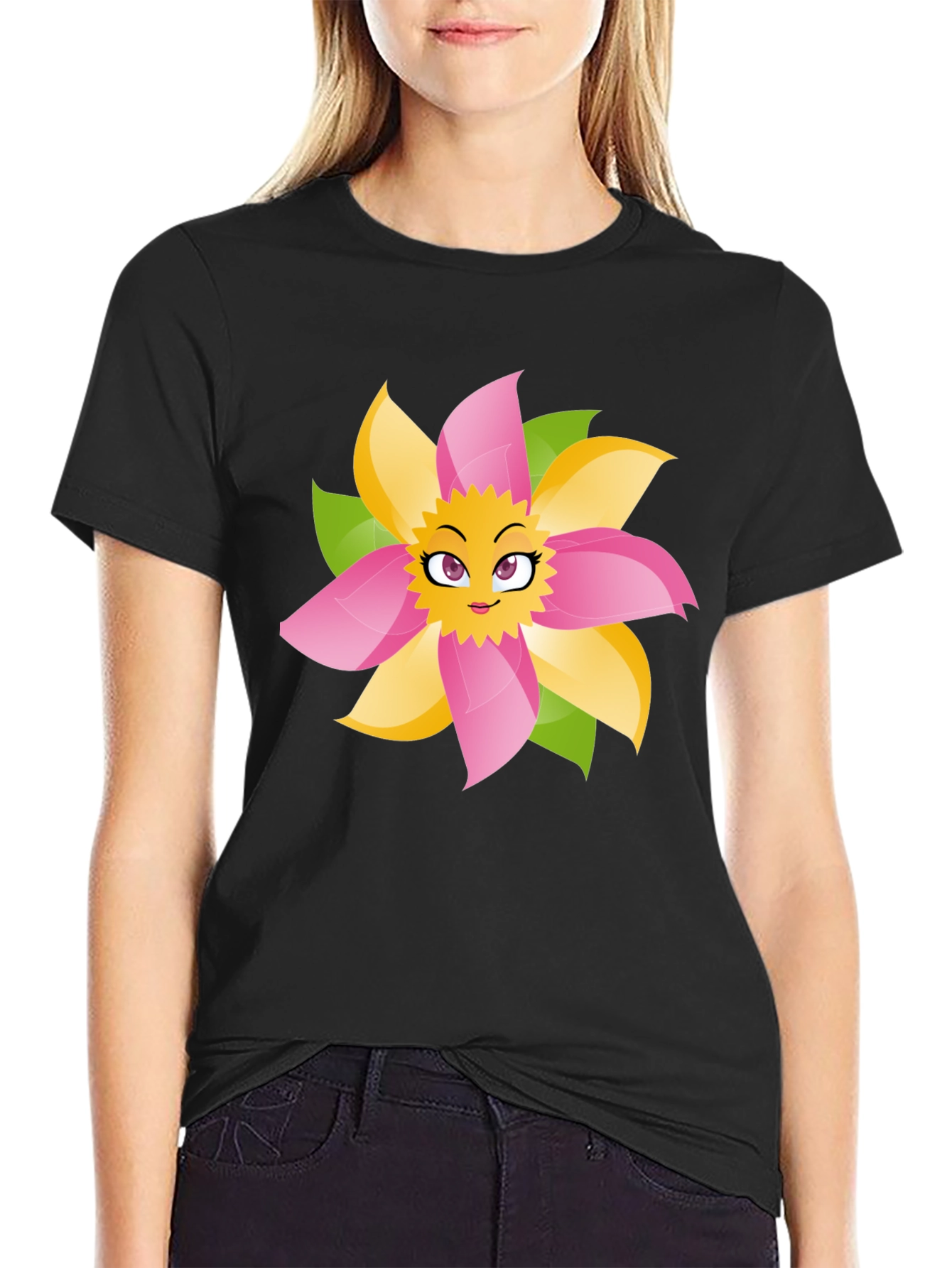 Fun Flower Face Graphic Tee - Black