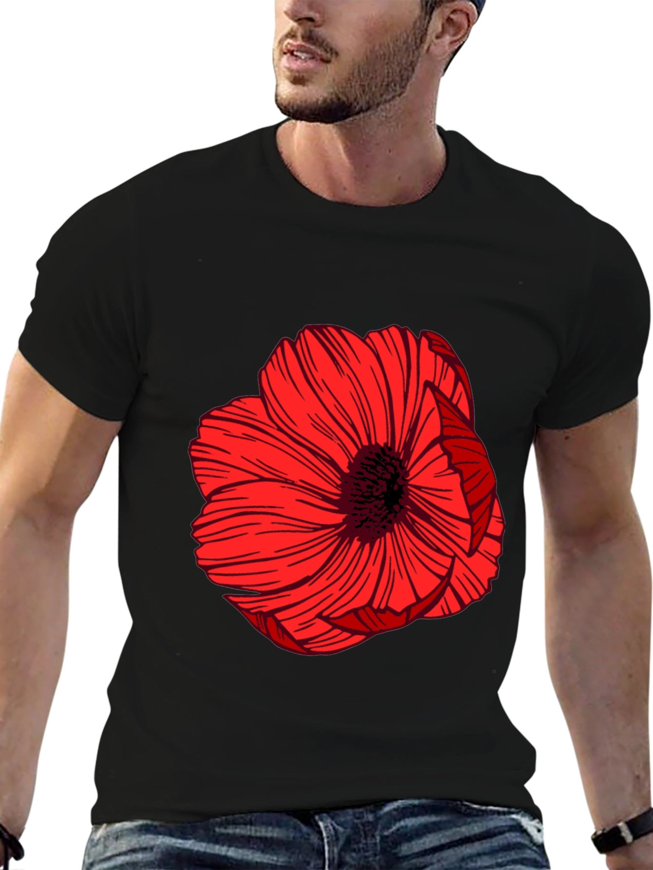 Bold Red Floral Graphic Black T-Shirt