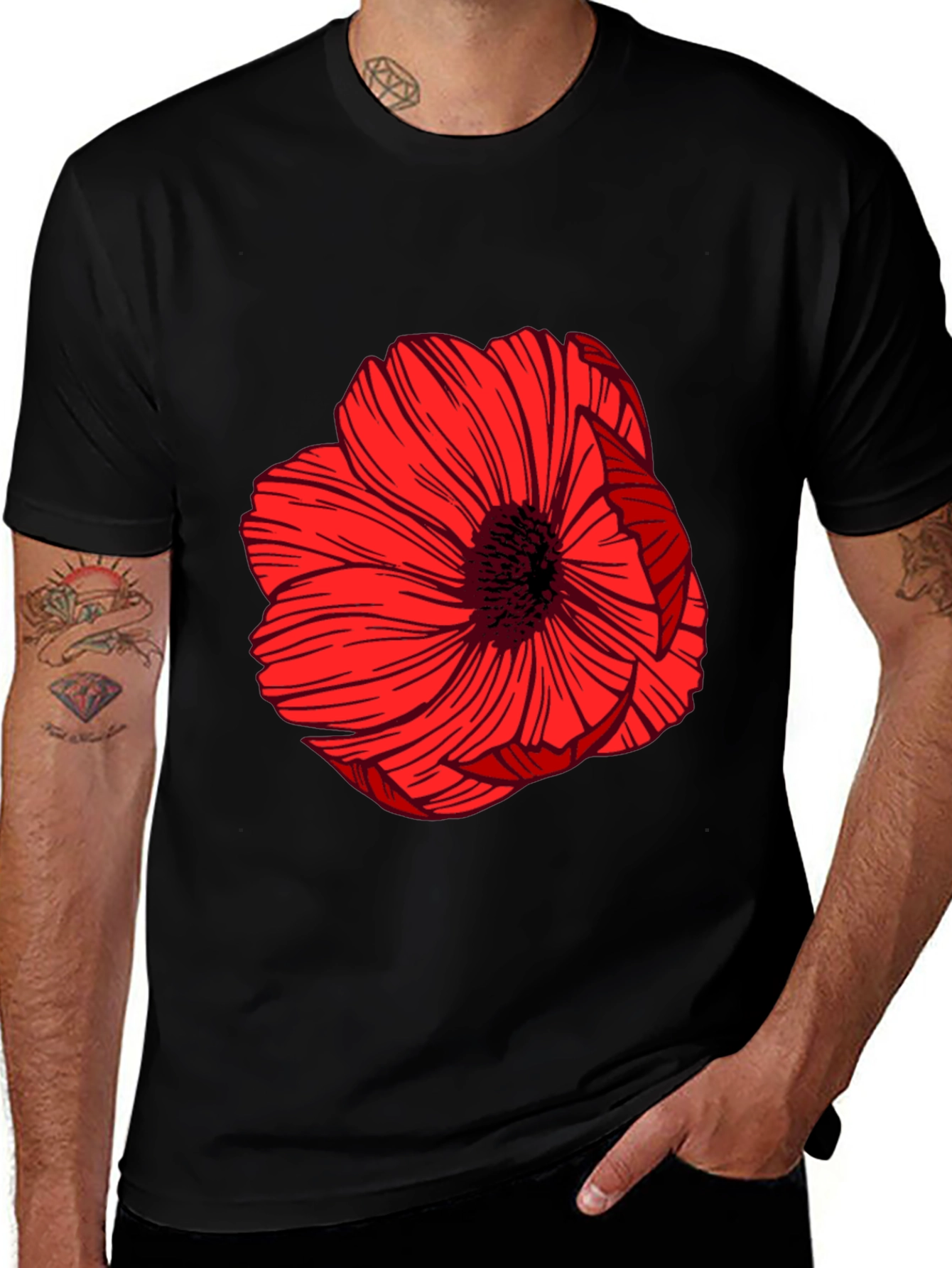 Bold Red Floral Graphic Black T-Shirt