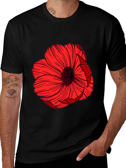Bold Red Floral Graphic Black T-Shirt