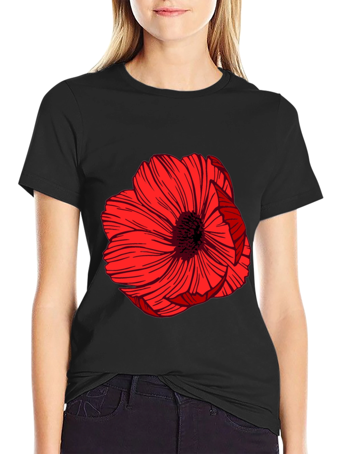 Bold Red Floral Graphic Black T-Shirt
