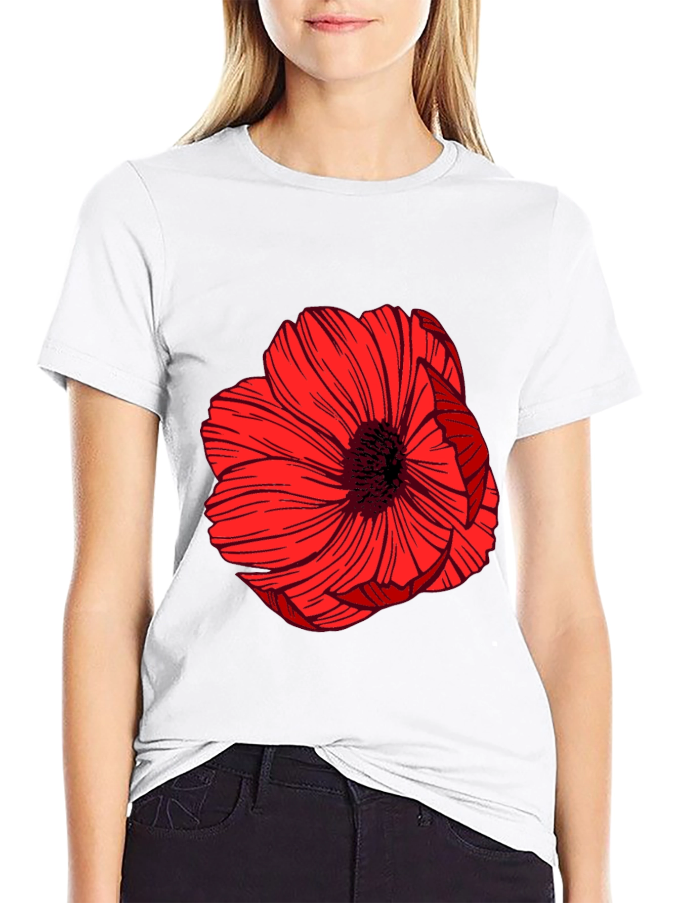 Bold Red Floral Graphic Black T-Shirt