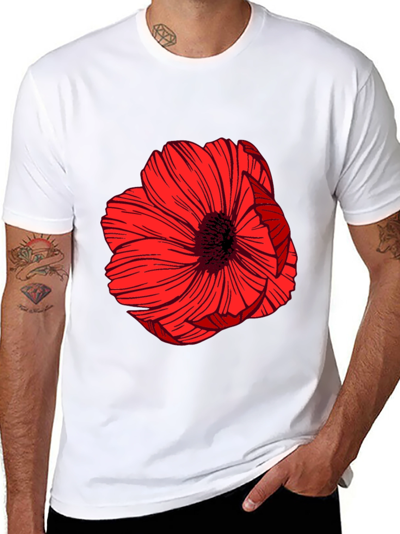 Bold Red Floral Graphic Black T-Shirt