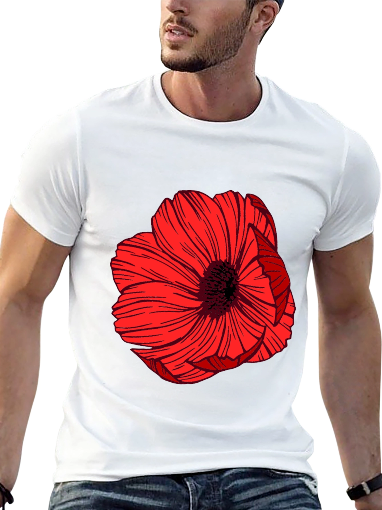Bold Red Floral Graphic Black T-Shirt
