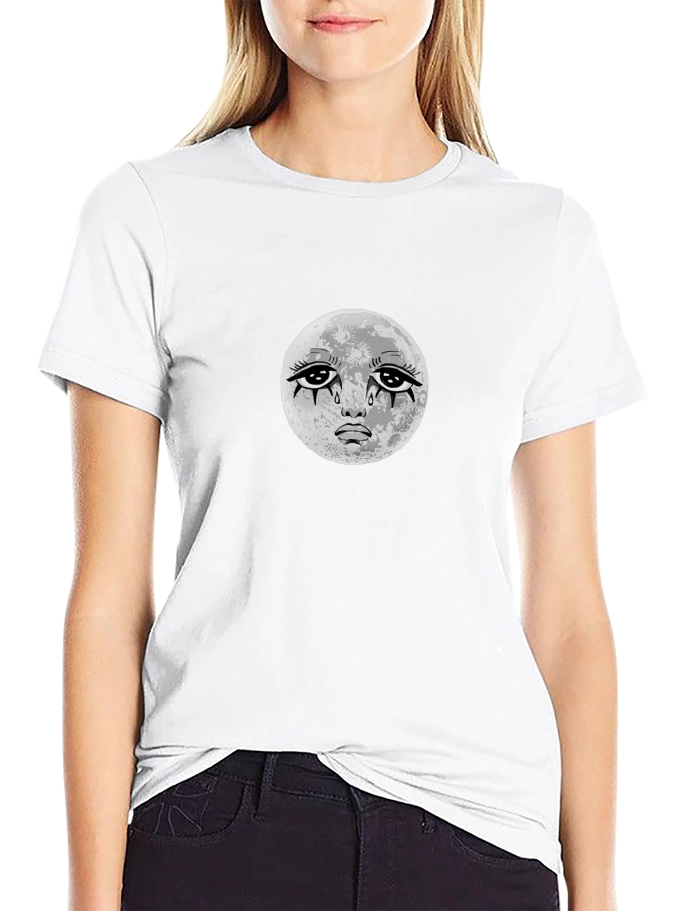 Crying Moon Graphic Tee - Black Cotton T-Shirt