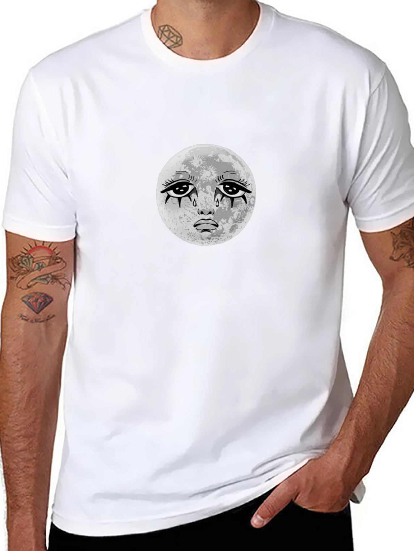 Crying Moon Graphic Tee - Black Cotton T-Shirt