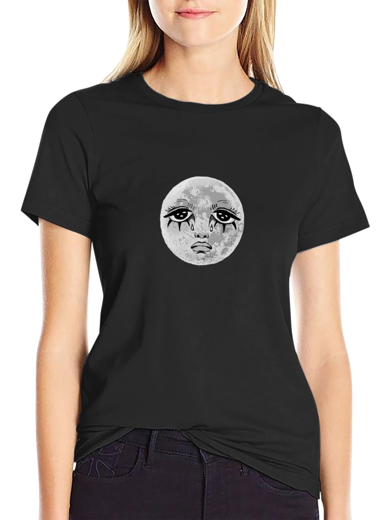 Crying Moon Graphic Tee - Black Cotton T-Shirt