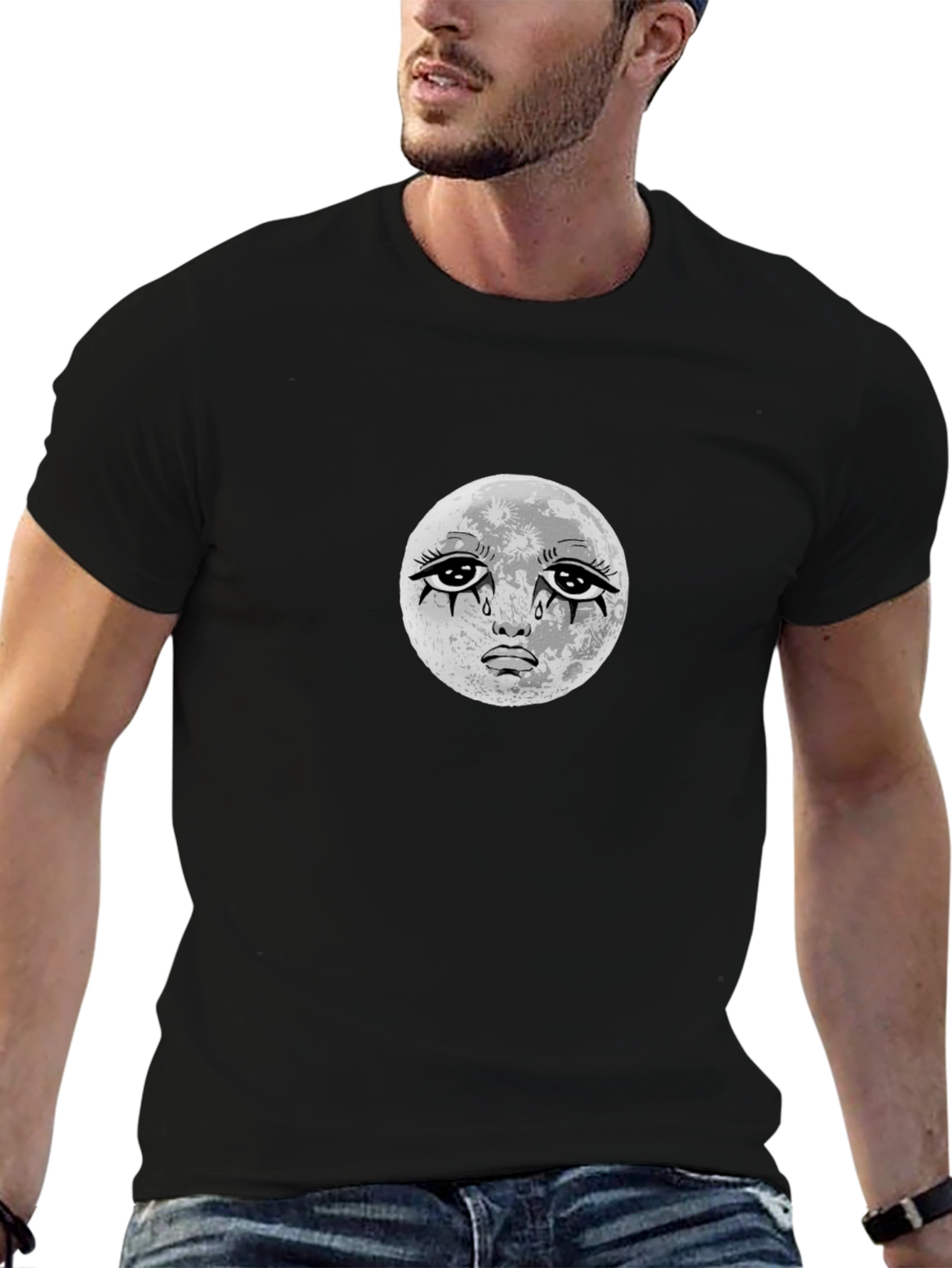 Crying Moon Graphic Tee - Black Cotton T-Shirt