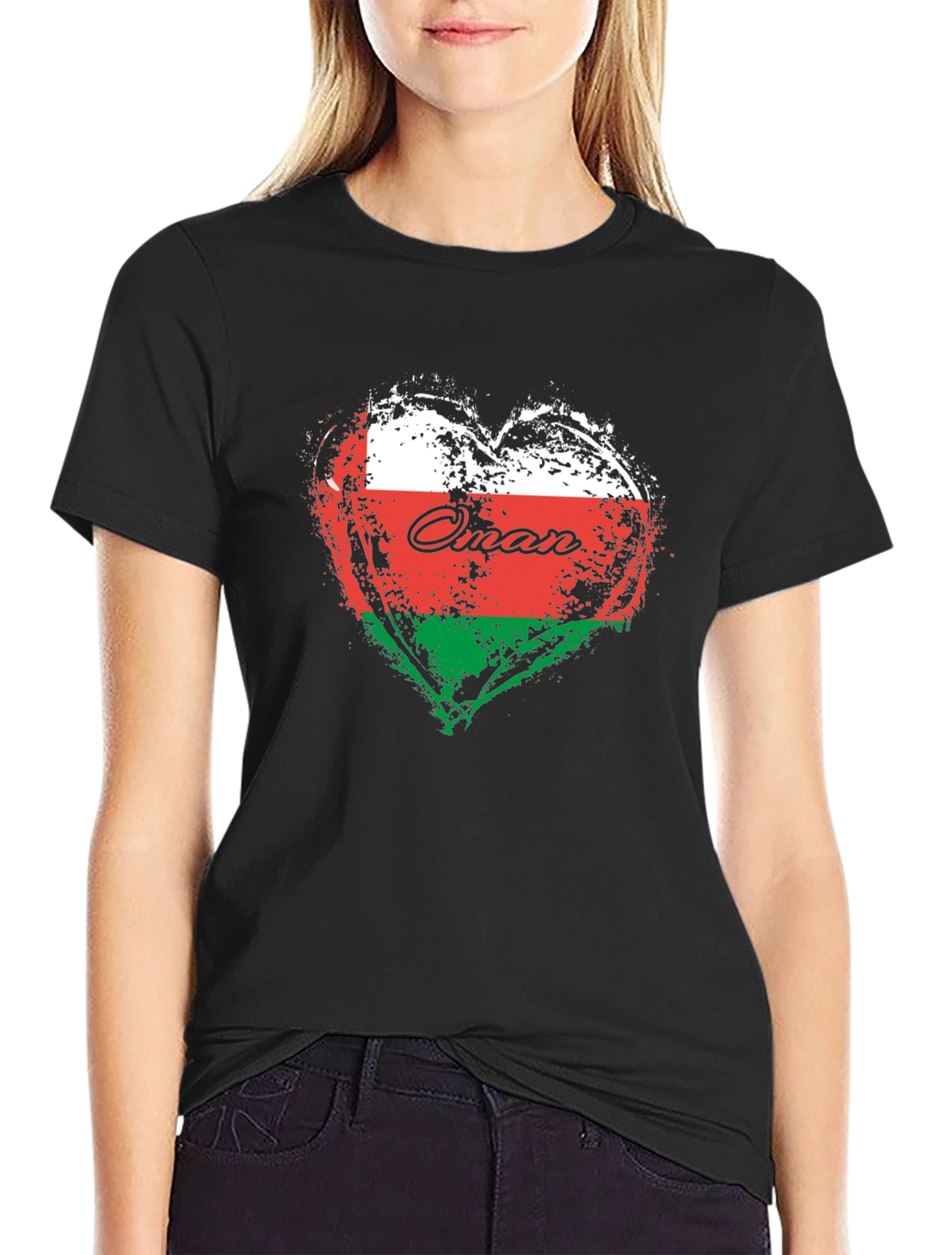 Oman Flag Heart T-Shirt Black Cotton Casual Tee