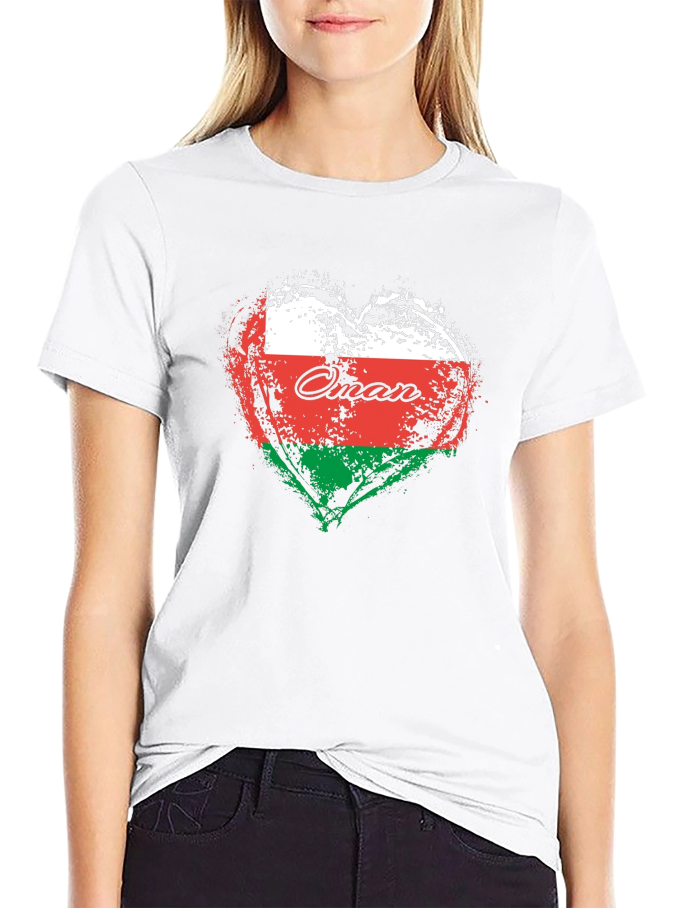 Oman Flag Heart T-Shirt Black Cotton Casual Tee