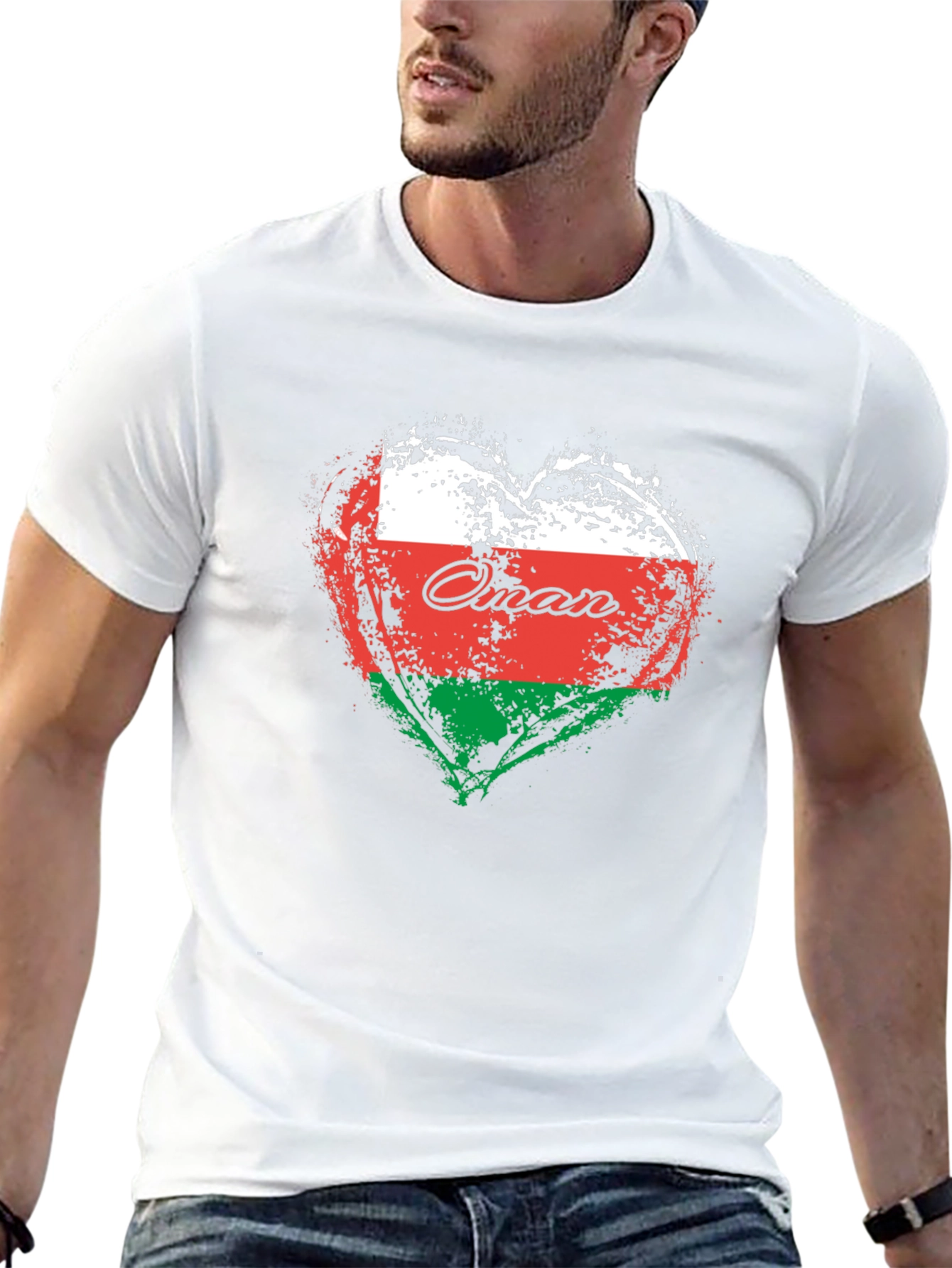 Oman Flag Heart T-Shirt Black Cotton Casual Tee
