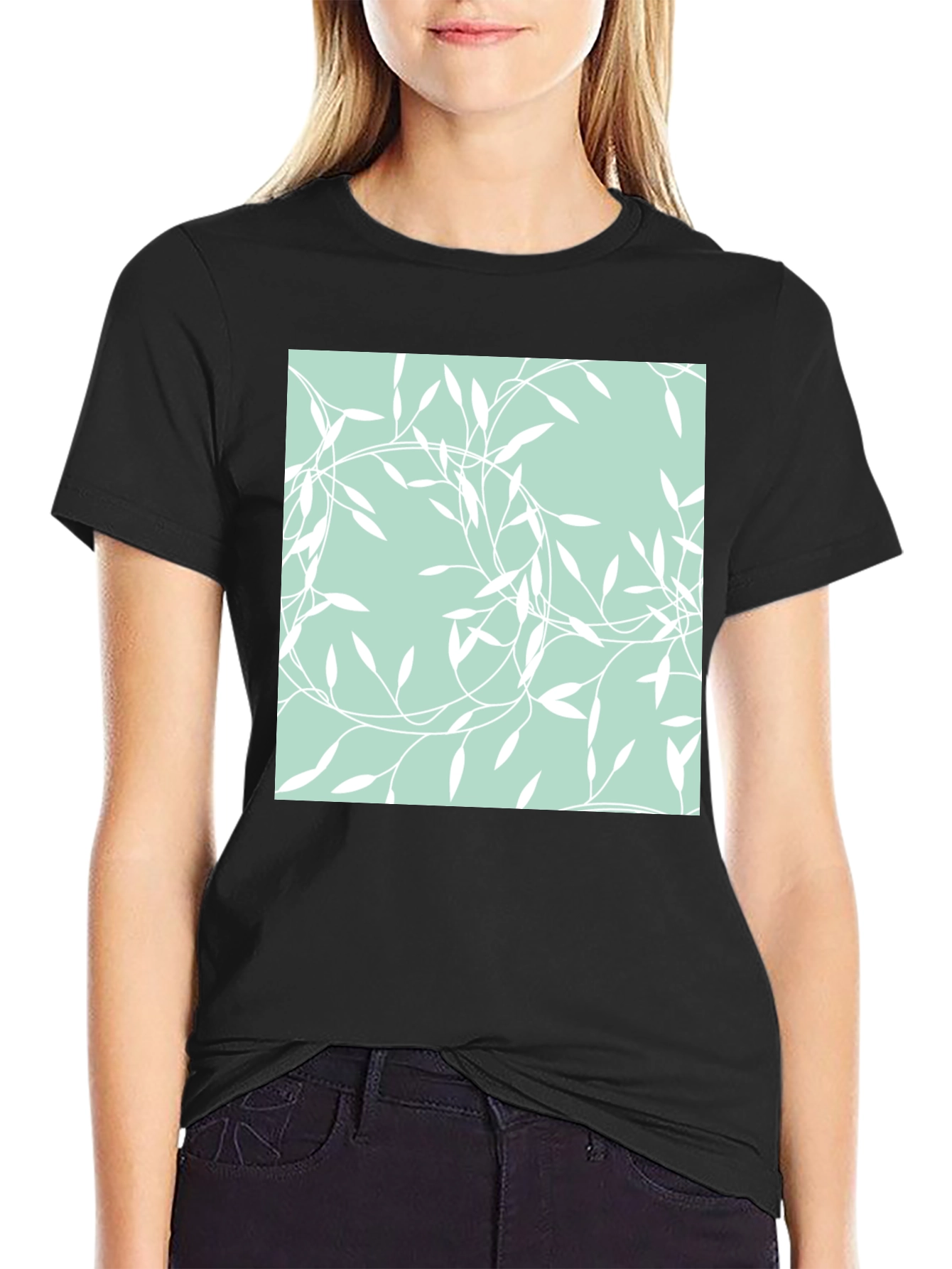 Stylish Black T-Shirt with Leafy Pattern