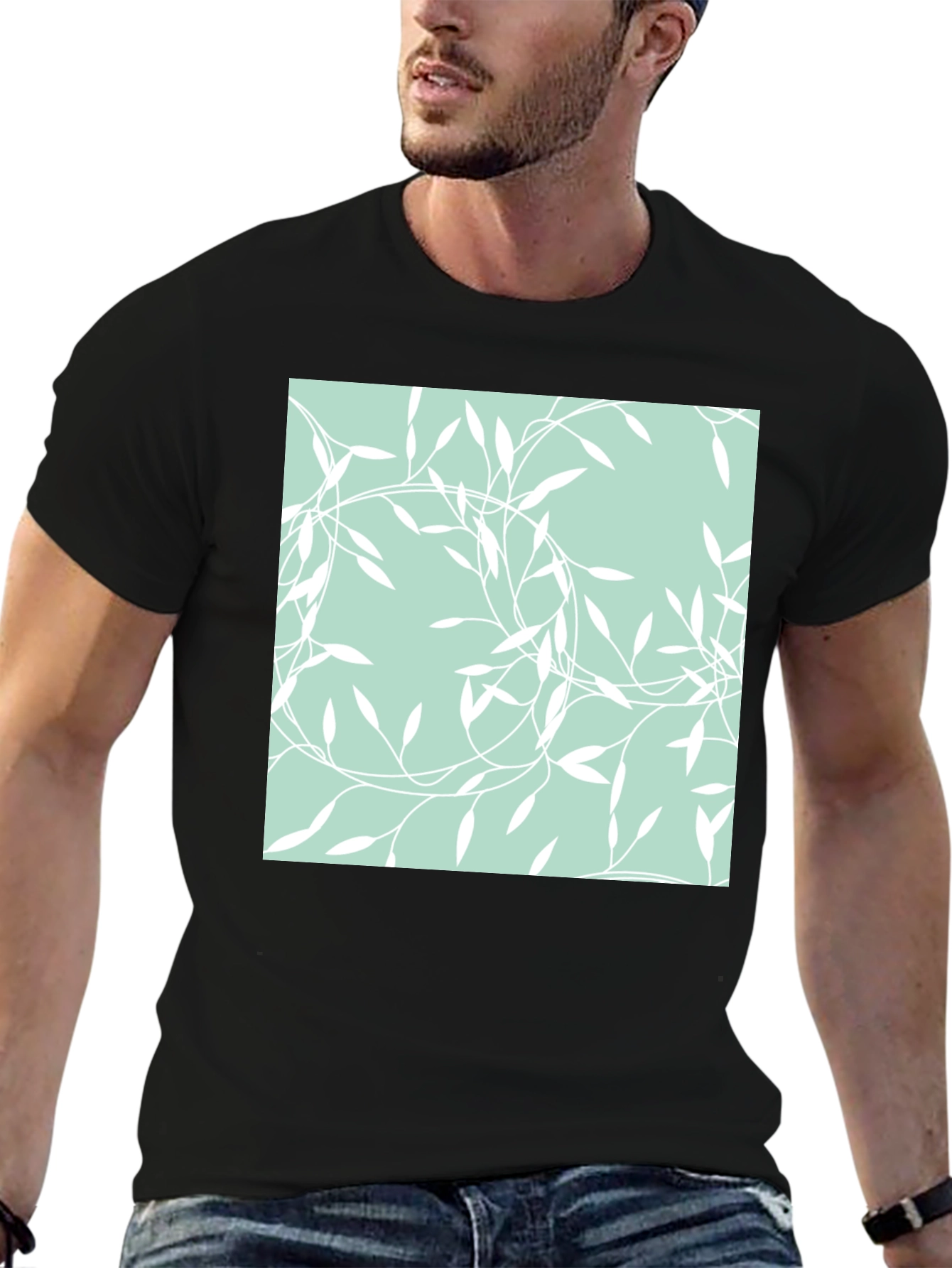 Stylish Black T-Shirt with Leafy Pattern