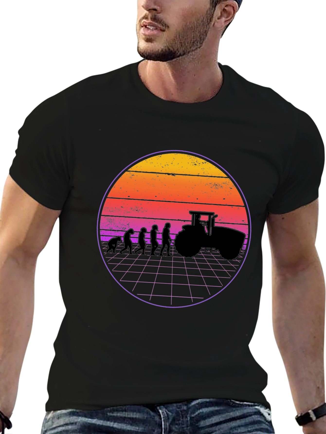 Evolution of Farming T-Shirt - Retro Sunset Design