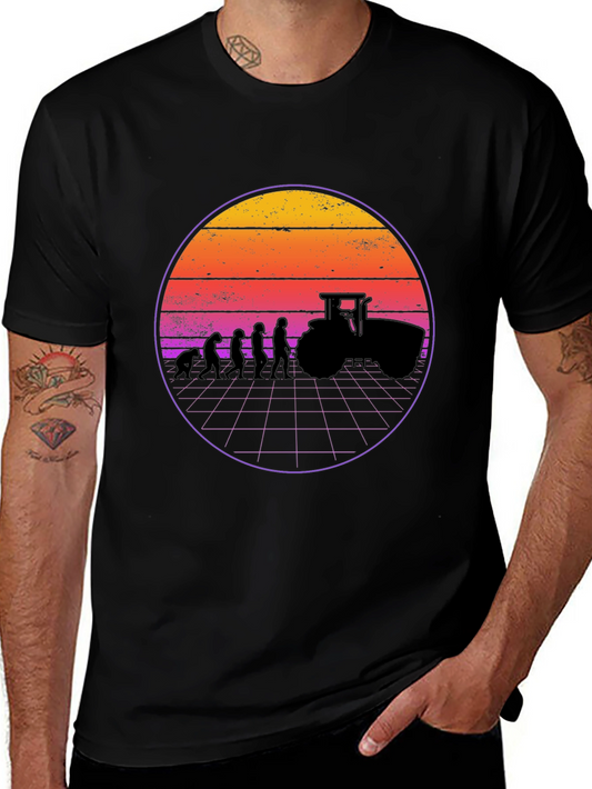 Evolution of Farming T-Shirt - Retro Sunset Design
