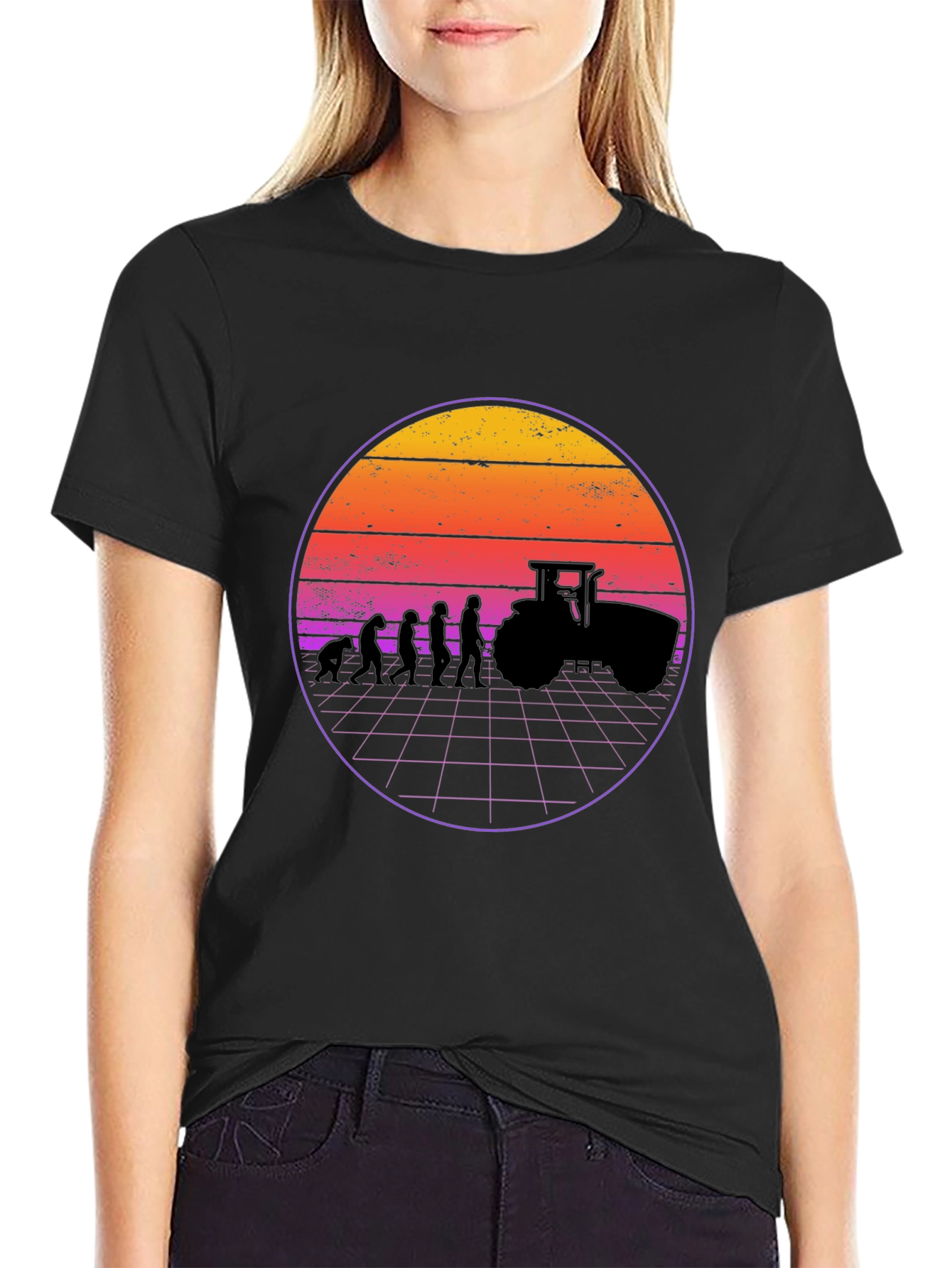 Evolution of Farming T-Shirt - Retro Sunset Design