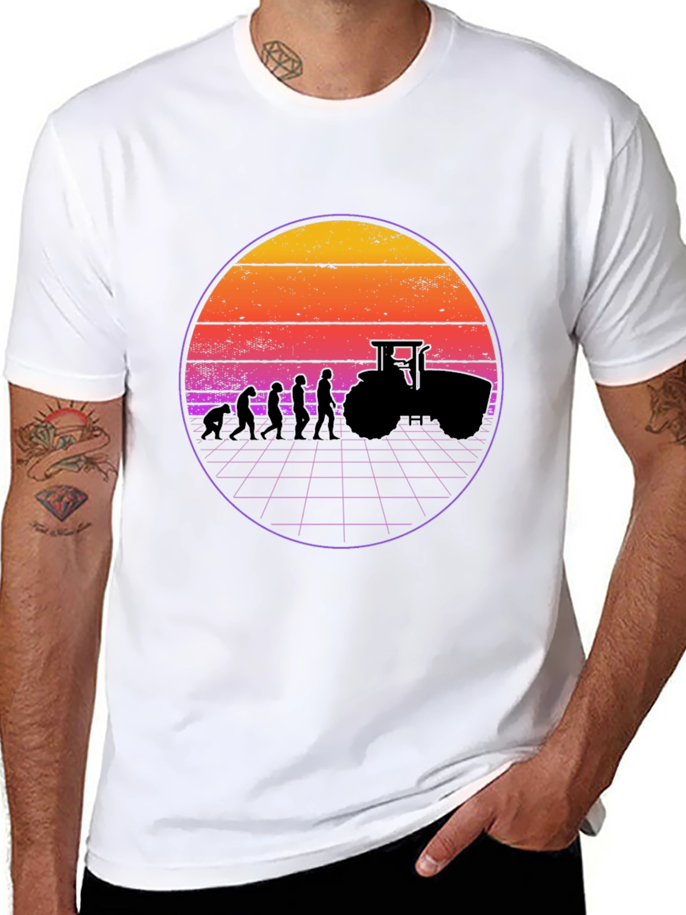 Evolution of Farming T-Shirt - Retro Sunset Design