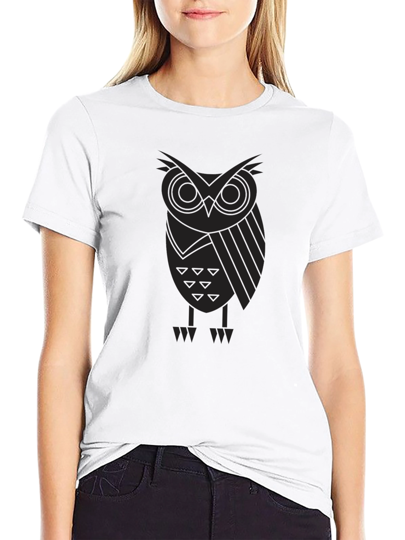 Geometric Owl Print Black T-Shirt