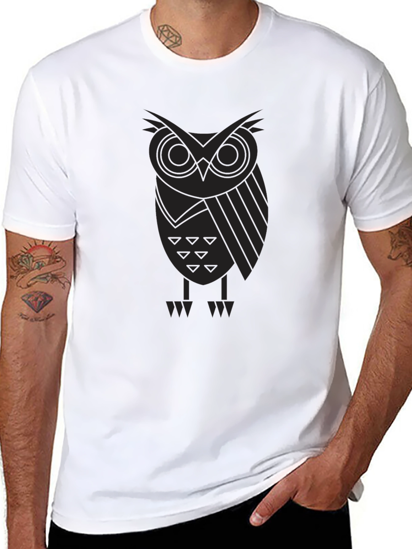 Geometric Owl Print Black T-Shirt