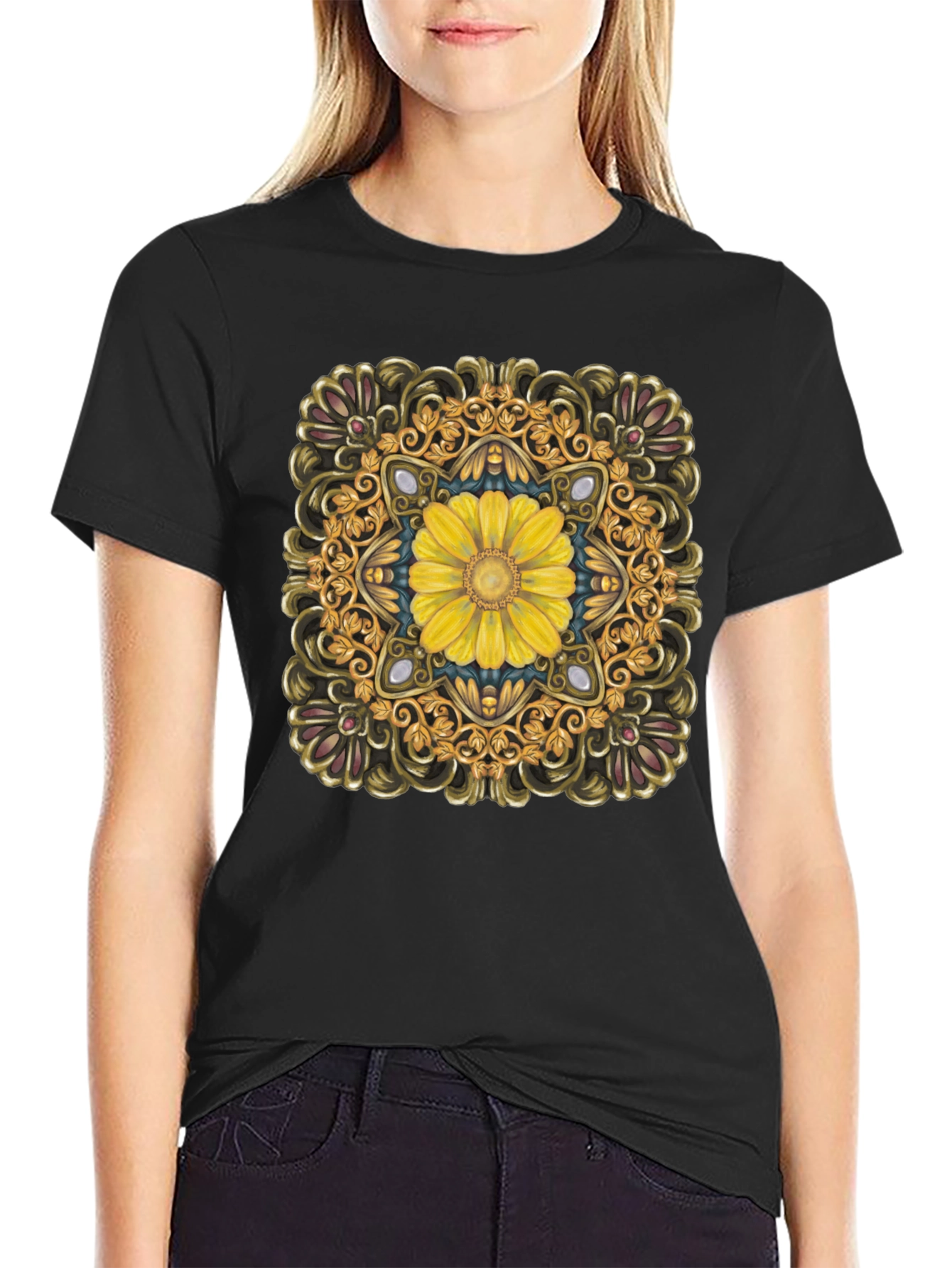 Floral Mandala T-Shirt - Elegant Black Tee