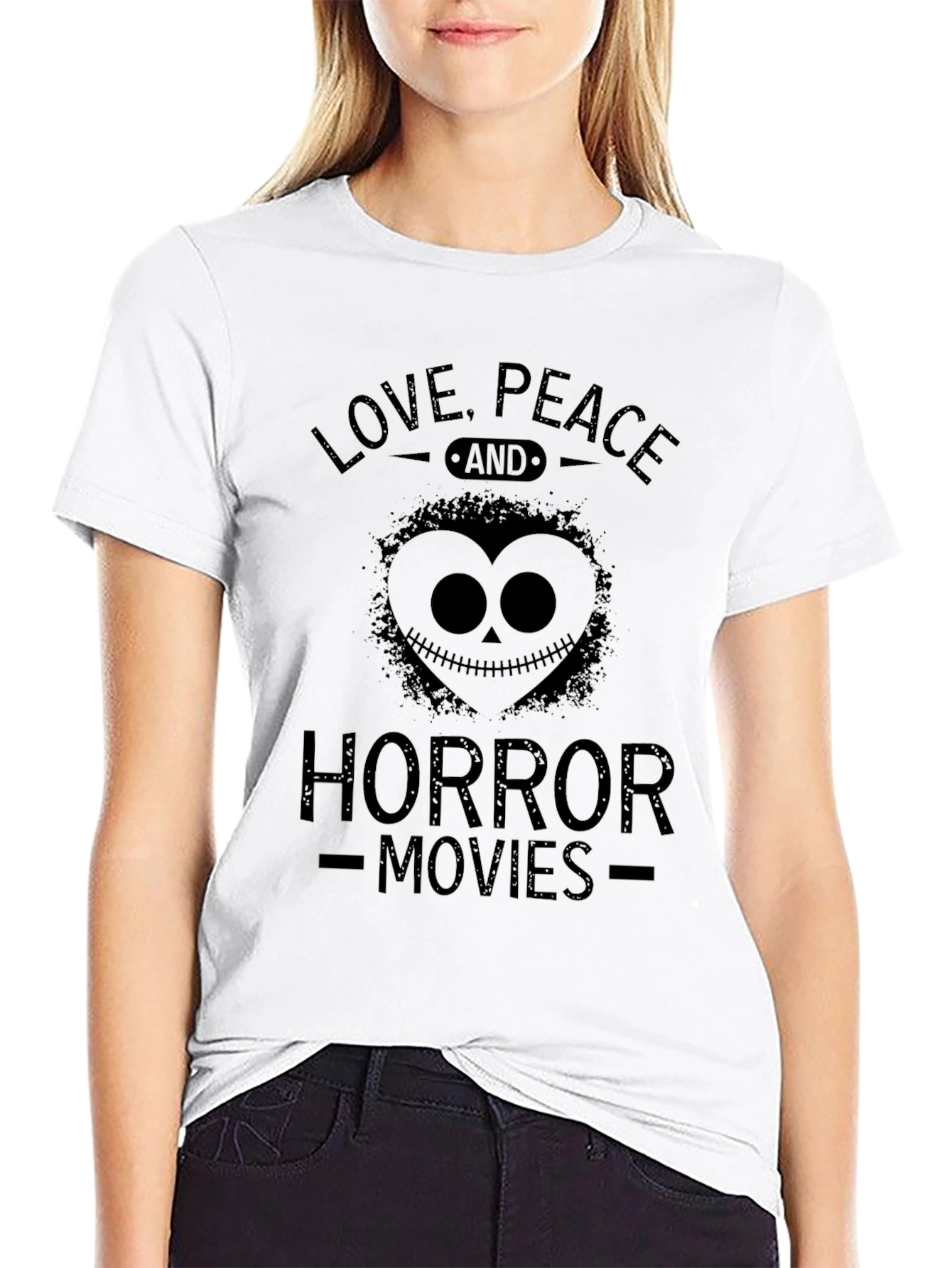 Love Peace Horror Movies Black Graphic T-Shirt