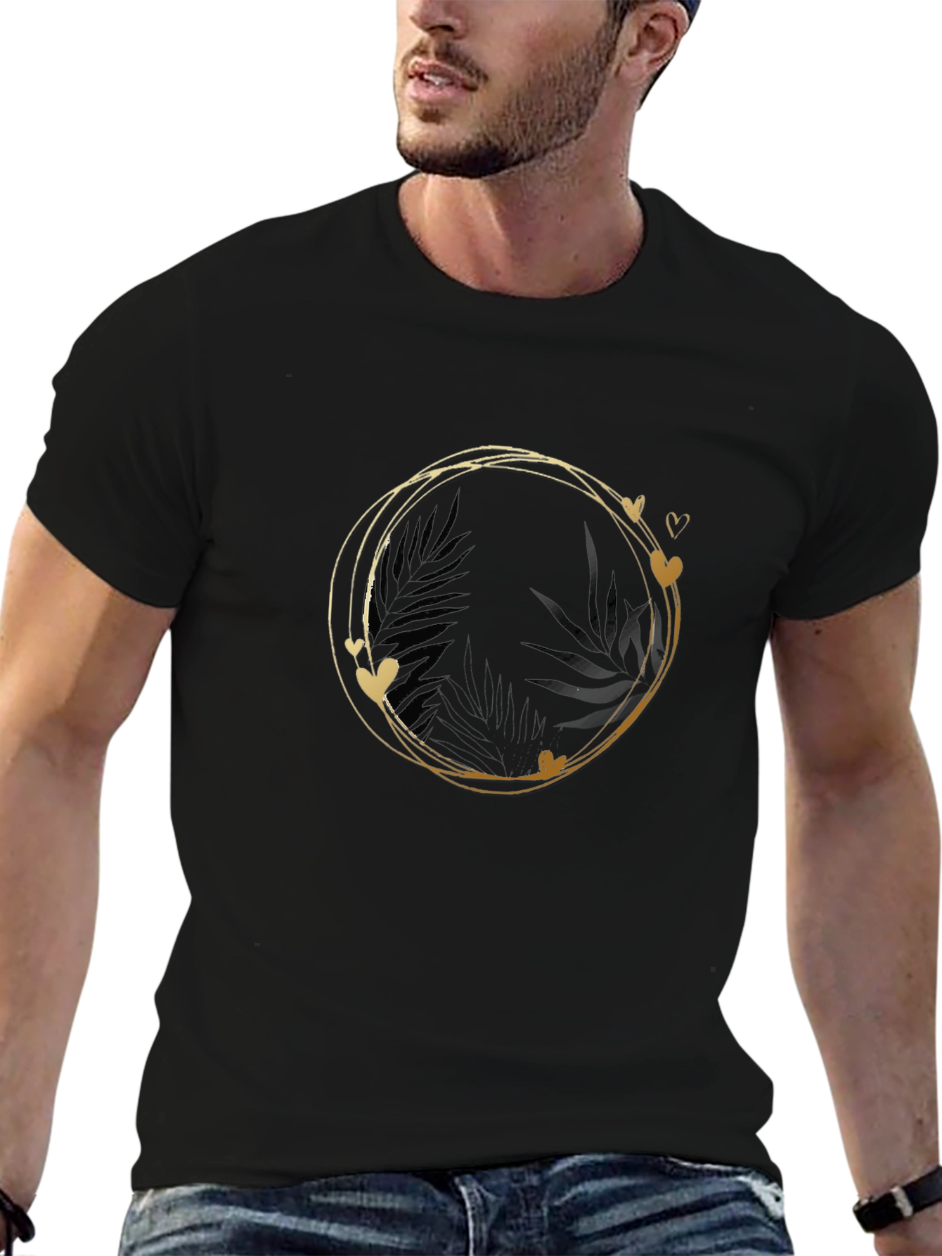 Stylish Black Tee with Gold Heart Circle Design