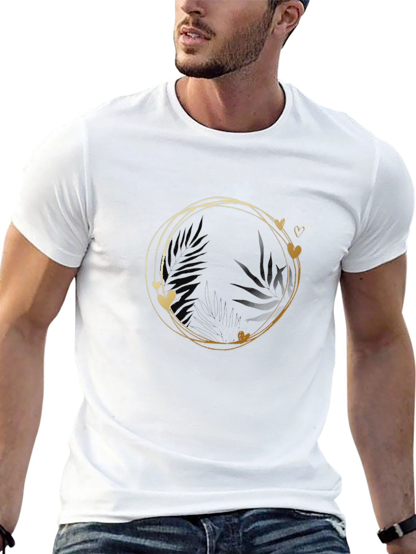 Stylish Black Tee with Gold Heart Circle Design