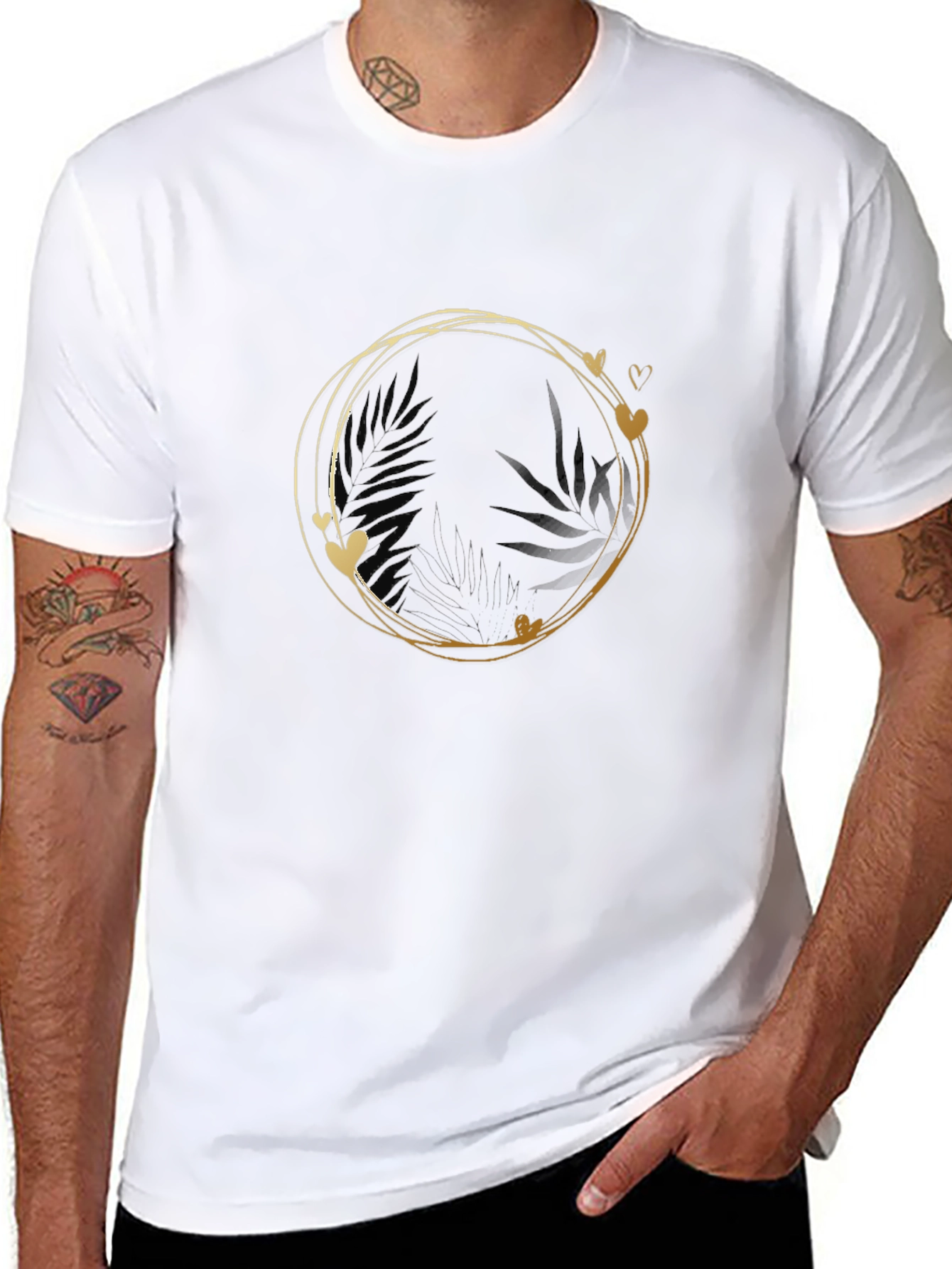 Stylish Black Tee with Gold Heart Circle Design
