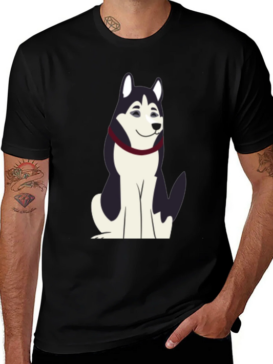 Husky Cartoon Graphic T-Shirt - Black Cotton Tee