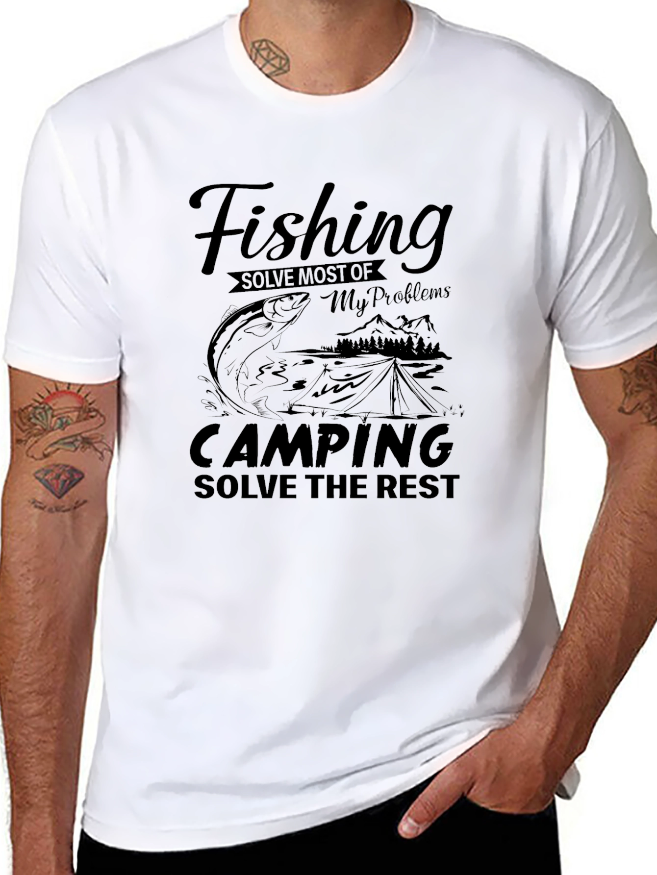 Fishing Camping Solve Problems Black Graphic Tee