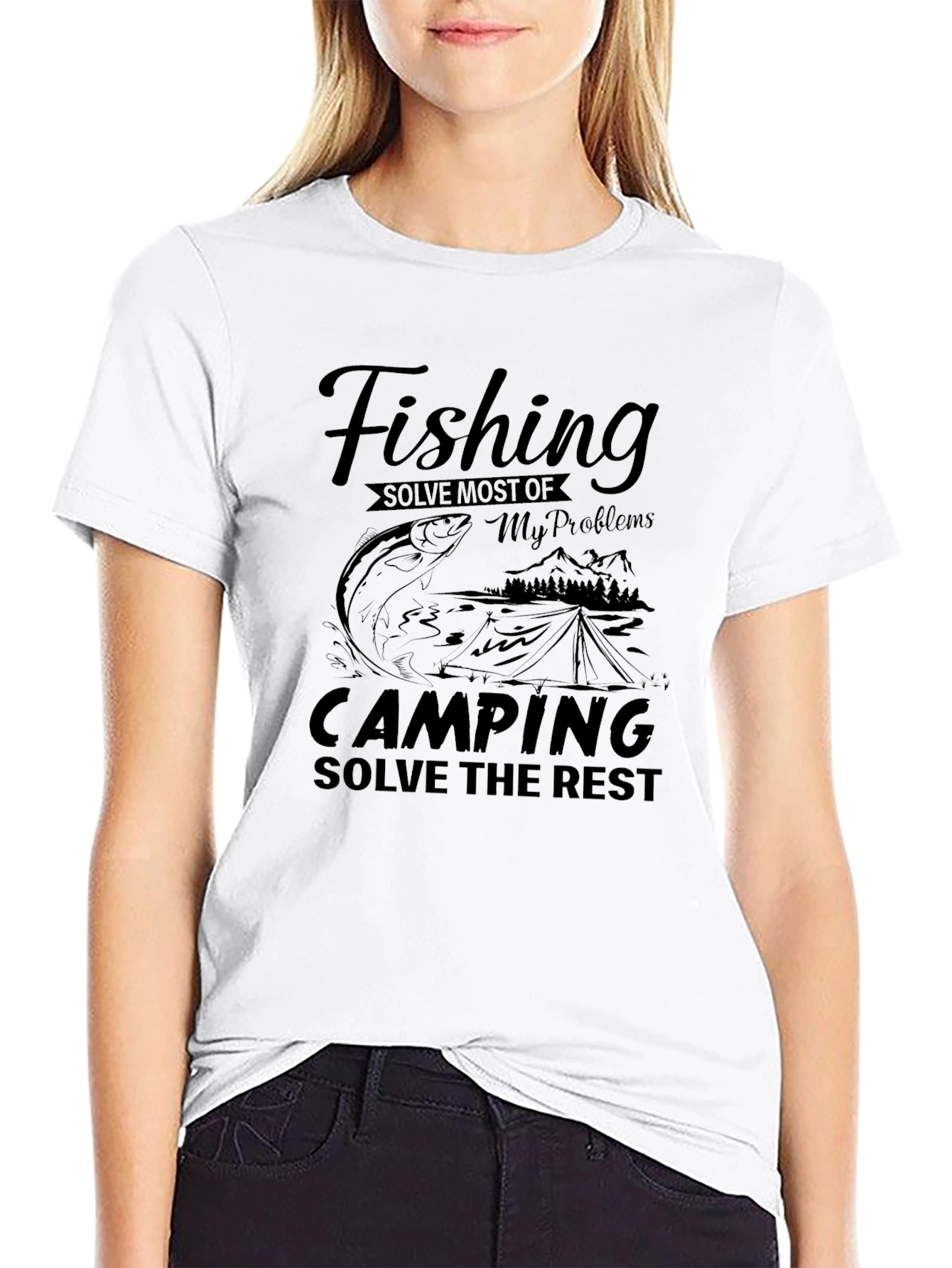 Fishing Camping Solve Problems Black Graphic Tee