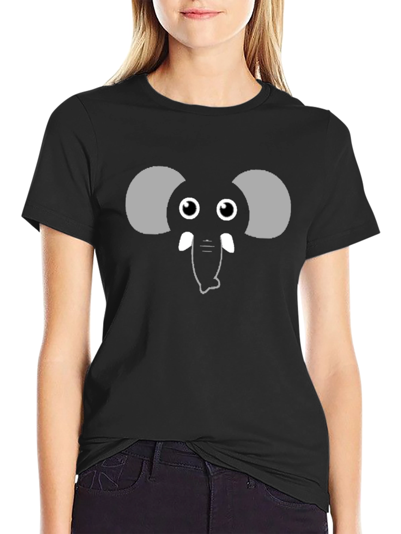 Cute Elephant Face Graphic Black T-Shirt