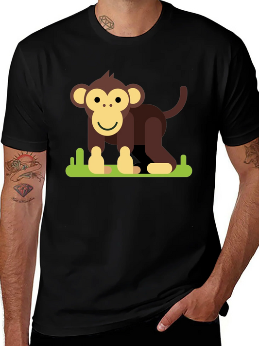 Cartoon Monkey Graphic Tee - Black Cotton T-Shirt