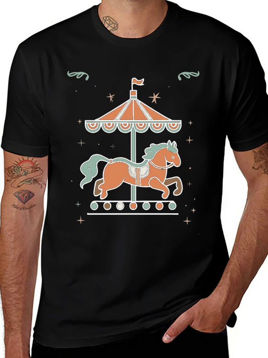 Carousel Horse Graphic Tee - Black Cotton Blend Shirt