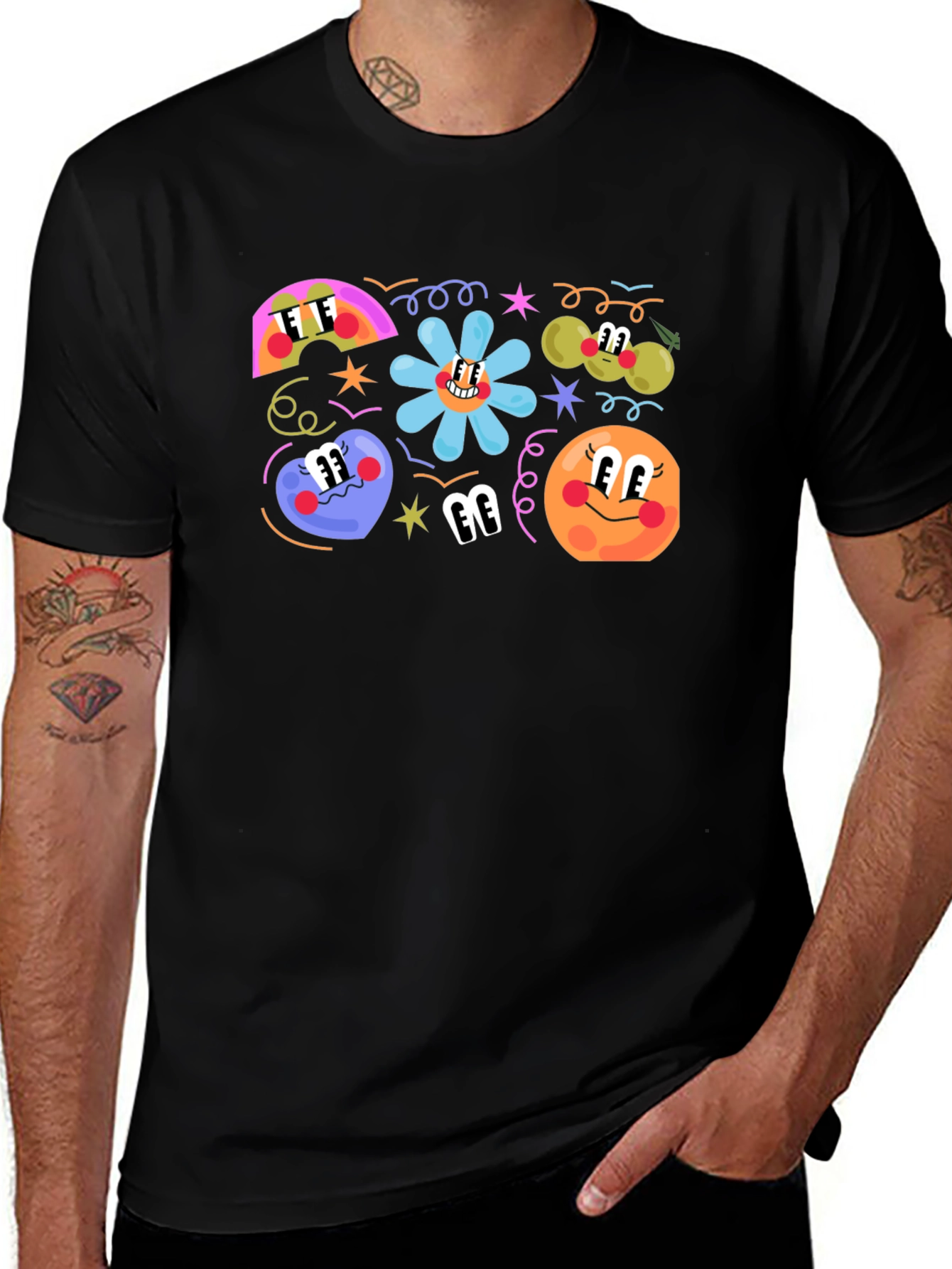 Retro Cartoon Print Black T-Shirt