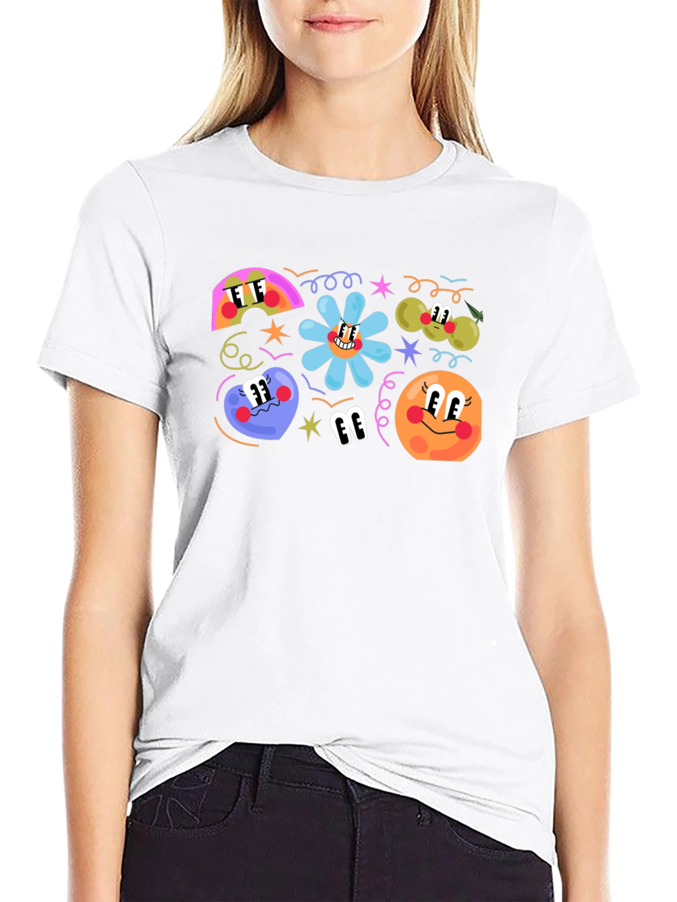 Retro Cartoon Print Black T-Shirt