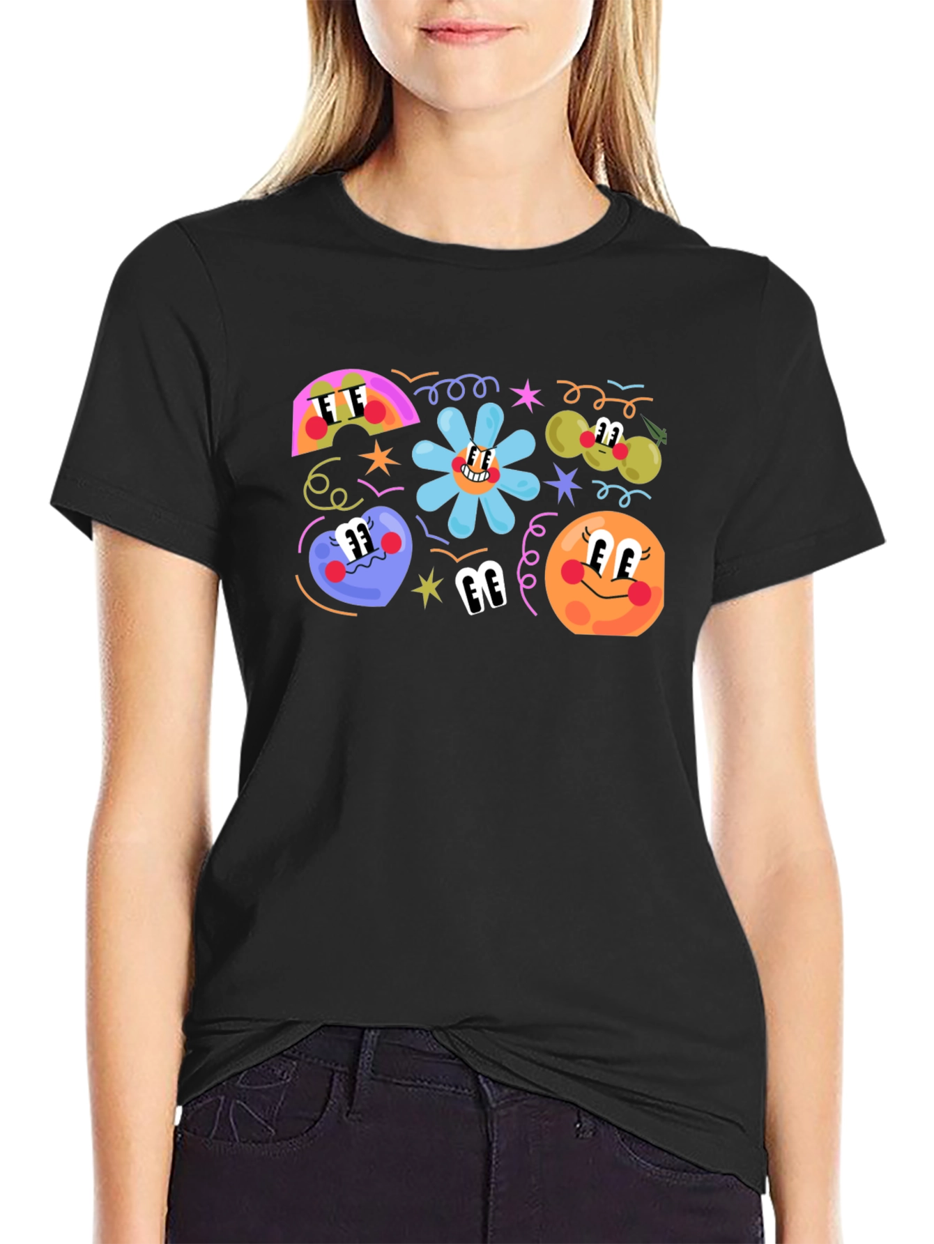 Retro Cartoon Print Black T-Shirt
