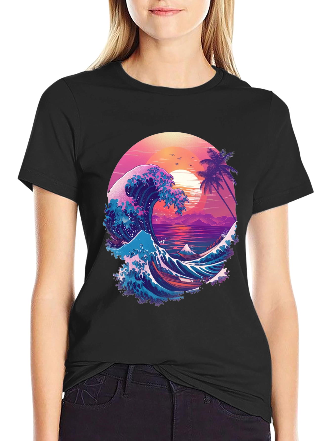 Retro Wave Graphic T-Shirt - Black Crew Neck Tee