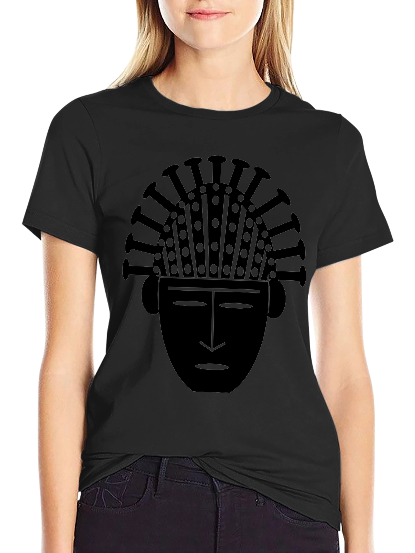 Tribal Mask Graphic Tee - Black Cotton T-Shirt