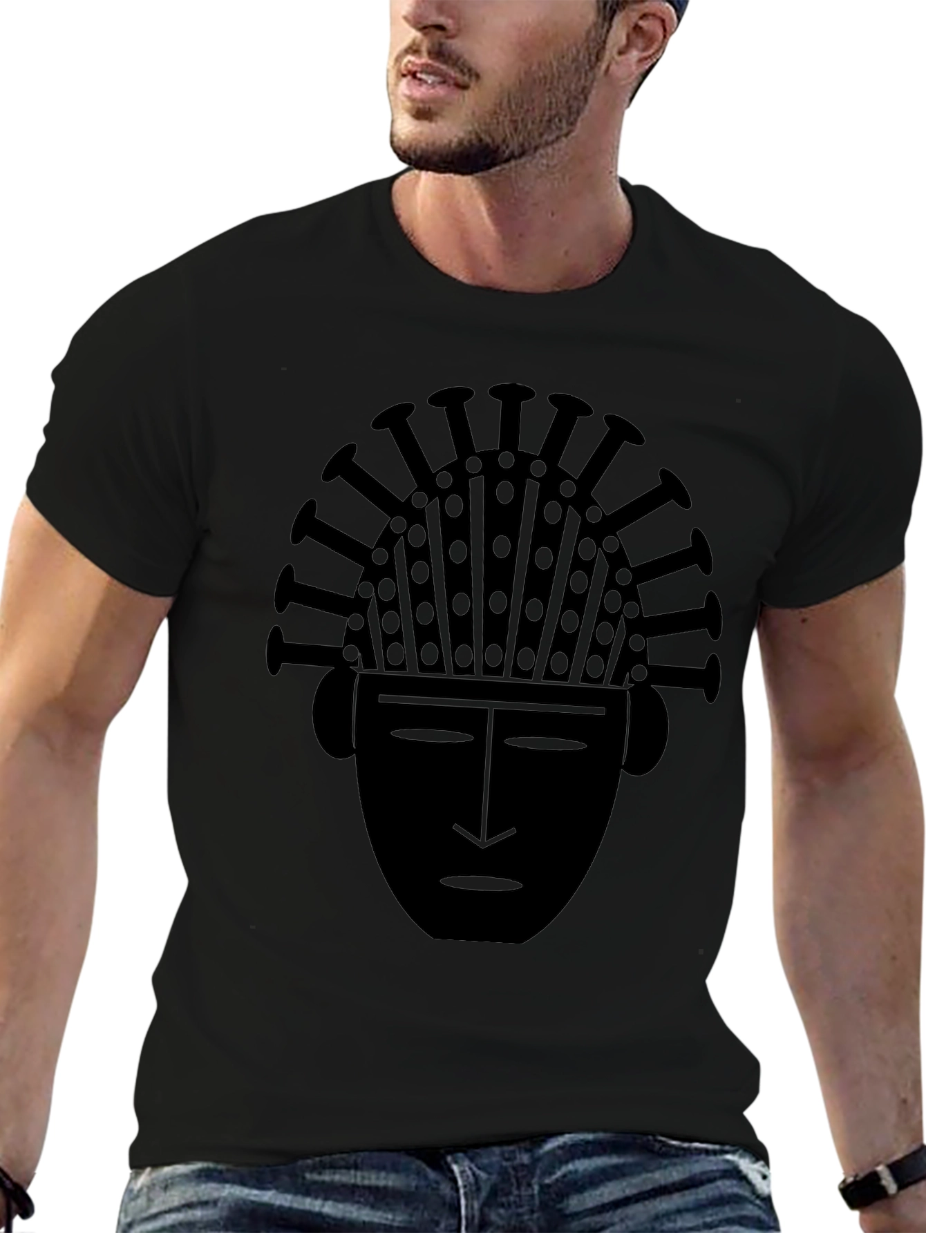 Tribal Mask Graphic Tee - Black Cotton T-Shirt
