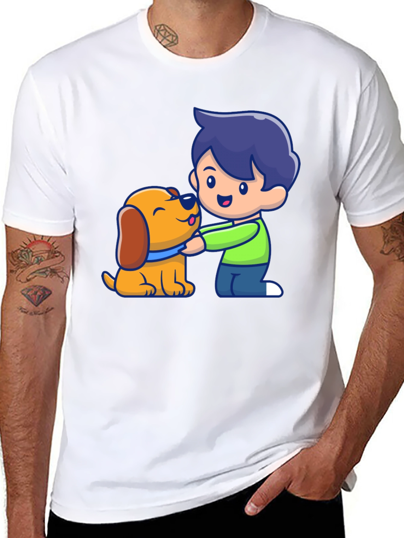 Boy and Dog Cartoon Graphic T-Shirt