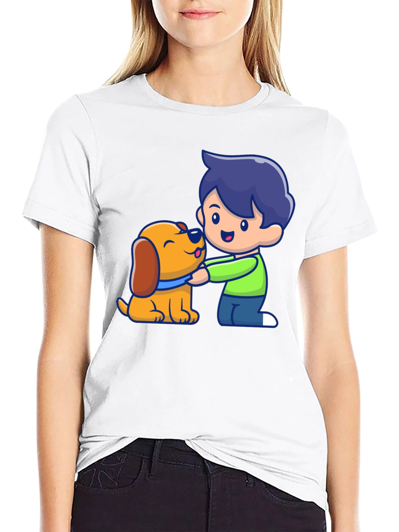 Boy and Dog Cartoon Graphic T-Shirt