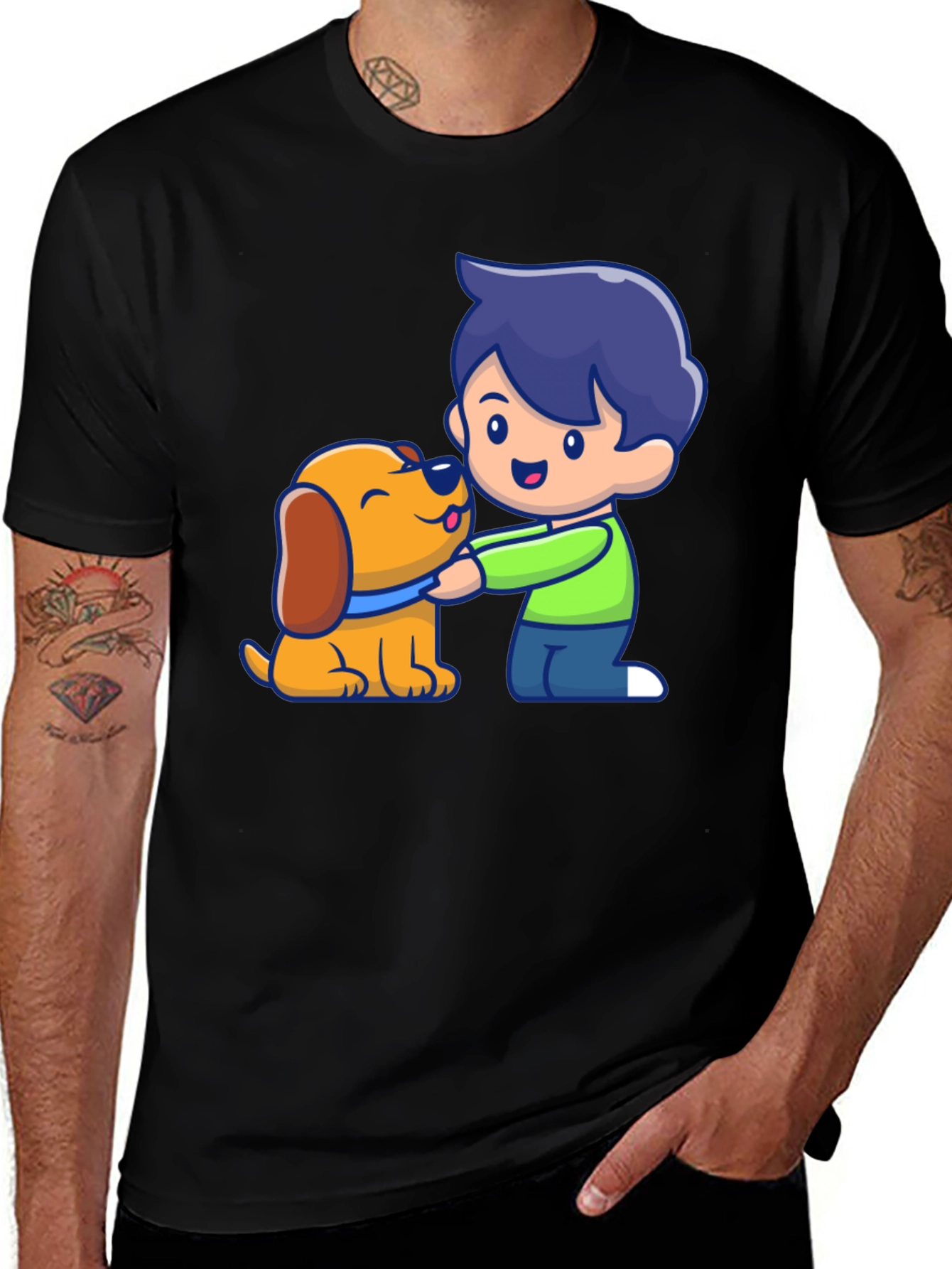 Boy and Dog Cartoon Graphic T-Shirt