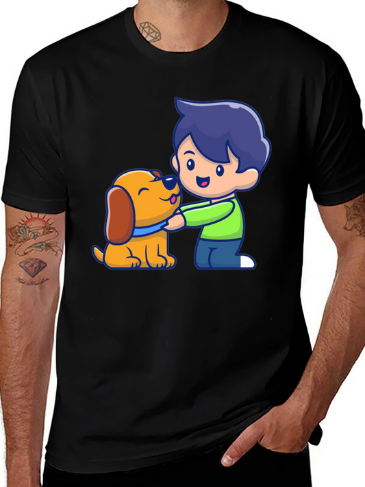 Boy and Dog Cartoon Graphic T-Shirt
