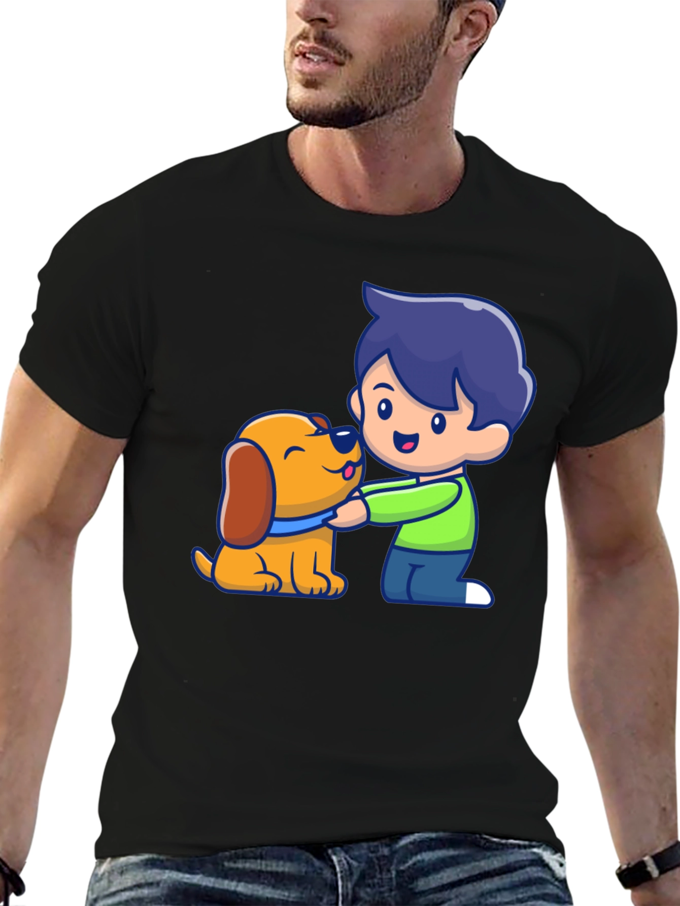 Boy and Dog Cartoon Graphic T-Shirt